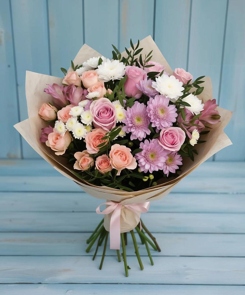 Букет цветов из: Хризантемы, Розы и Альстромерии в Приморский