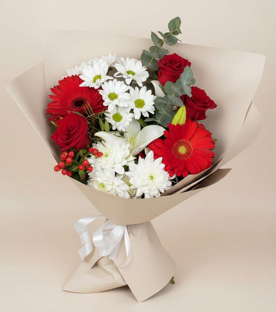 Букет цветов из: Розы, Хризантемы, Герберы и Лилии в Приморский