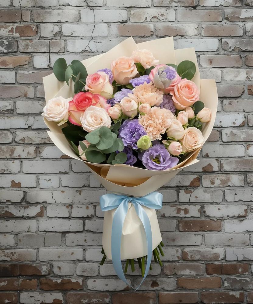 Букет цветов из: Розы, Лизиантусы и Гвоздики в Приморский