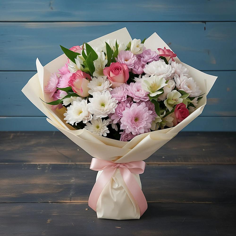 Букет цветов из: Хризантемы, Альстромерии и Розы в Приморский